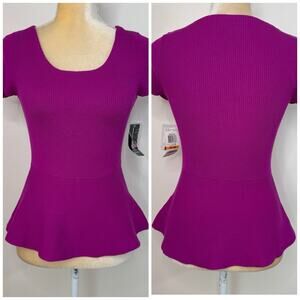 NWT INC International Concept Knit Ribbed Peplum Top Petite Size S Pink Stretch
